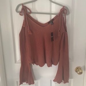 NWT Forever21 Cold Shoulder Knitted Crochet Detail Flare Sleeve Top w Tie Straps